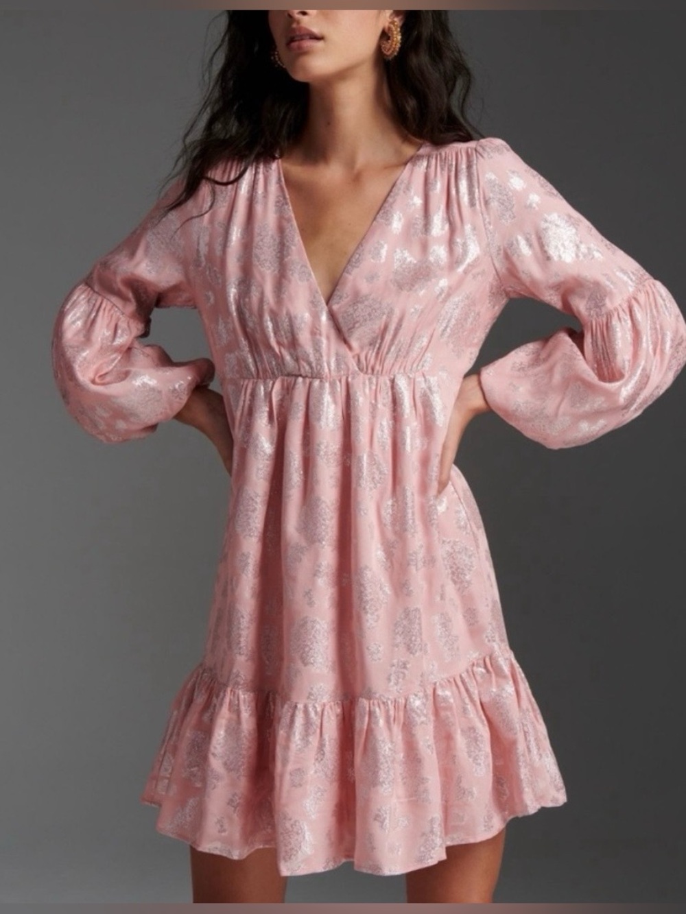 Anthropologie Jolene Metallic Floral Mini Dress Pink Silver Small V-Neck Balloon